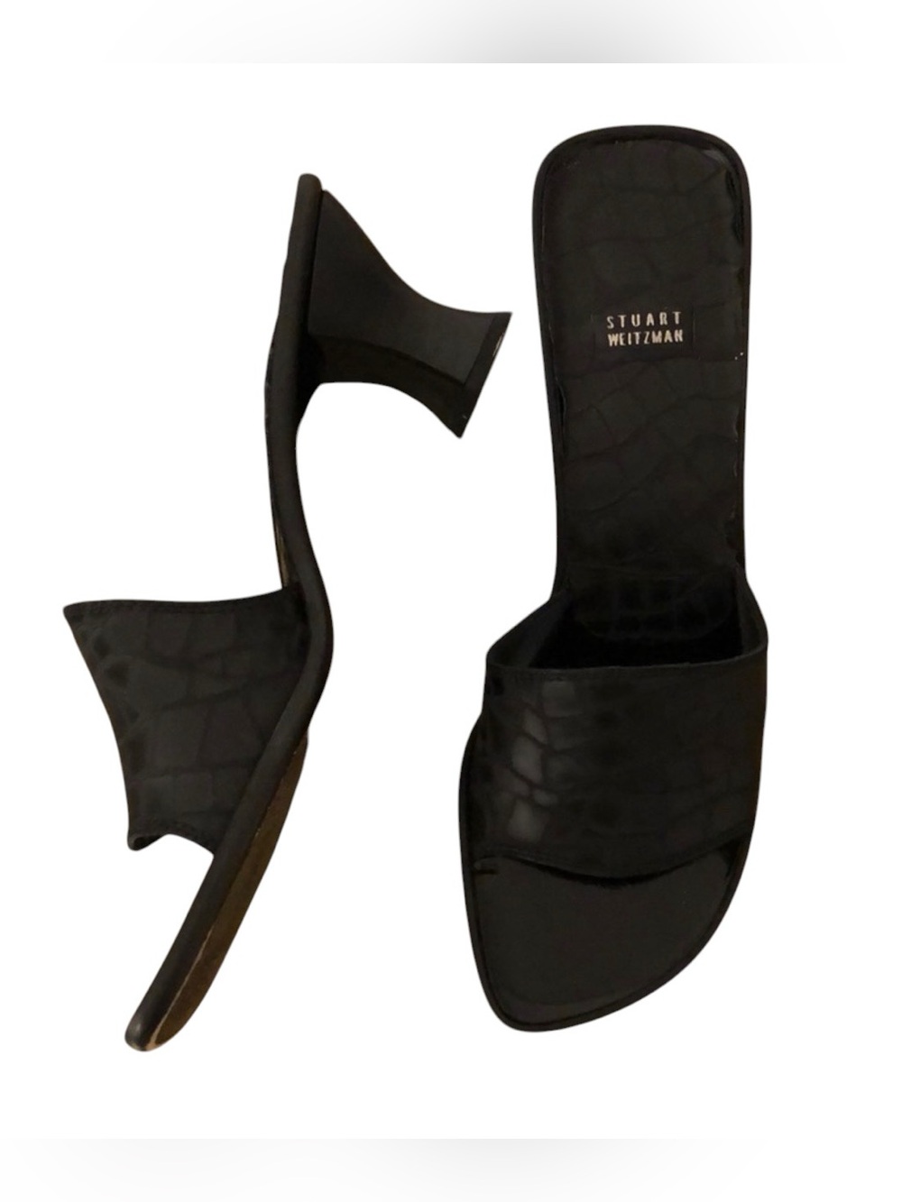 Stuart Weitzman Black Croc Embossed Open Toe Mules sandal  slide kitten heels 8
